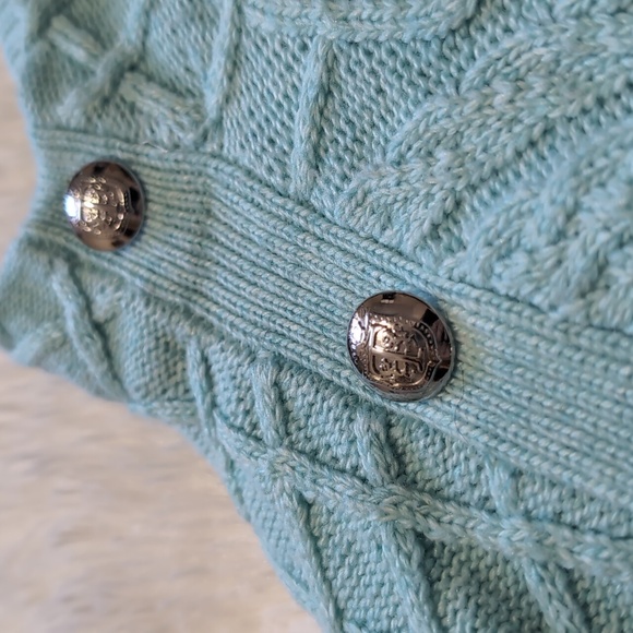 Talbots Light Blue Mock Neck Cable Knit Sweater with Silver Buttons Size Petite - Picture 5 of 11